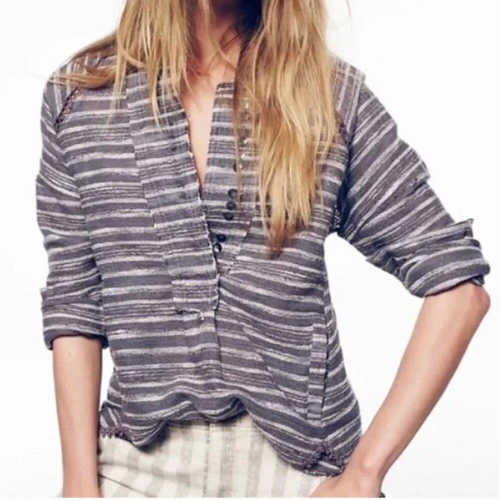 Free People Striped Tweed Hideaway Henley Top Boho Oversized Long Sleeve SZ S